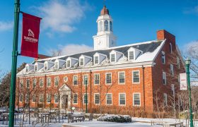 snowy campus building