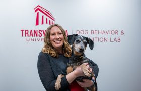 woman holding a dog