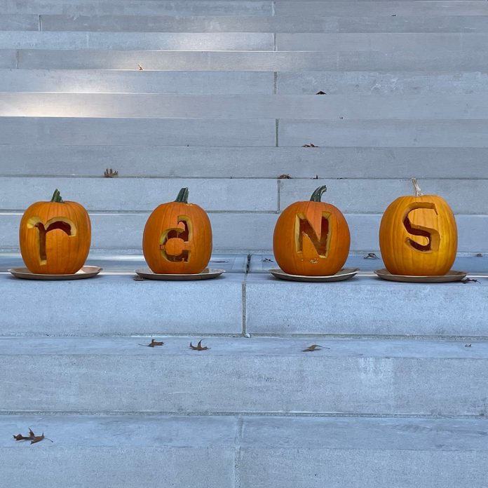 pumpkins carved with letters t r a n s y