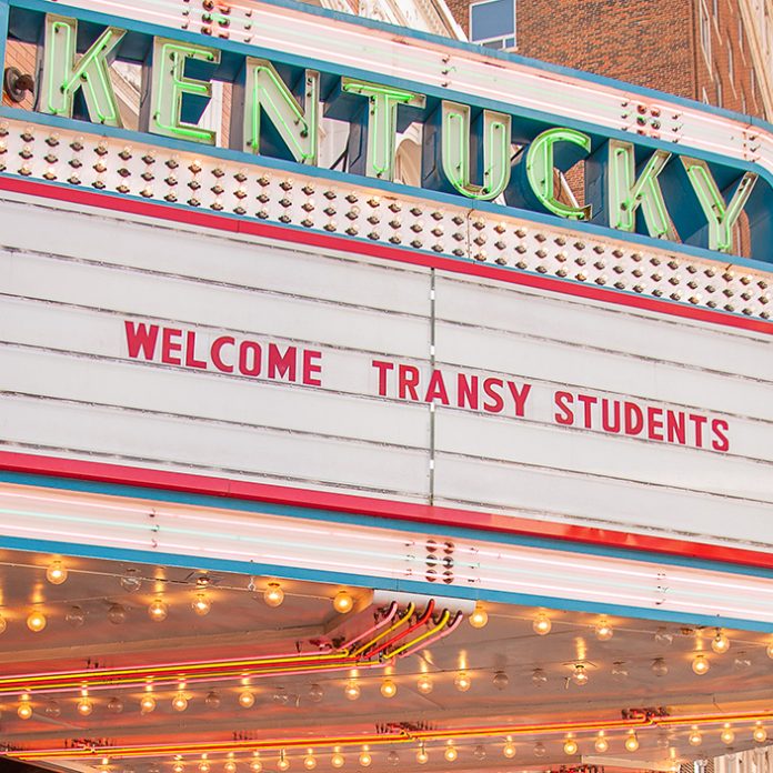 kentucky theater marquee reads 'welcome transy students'